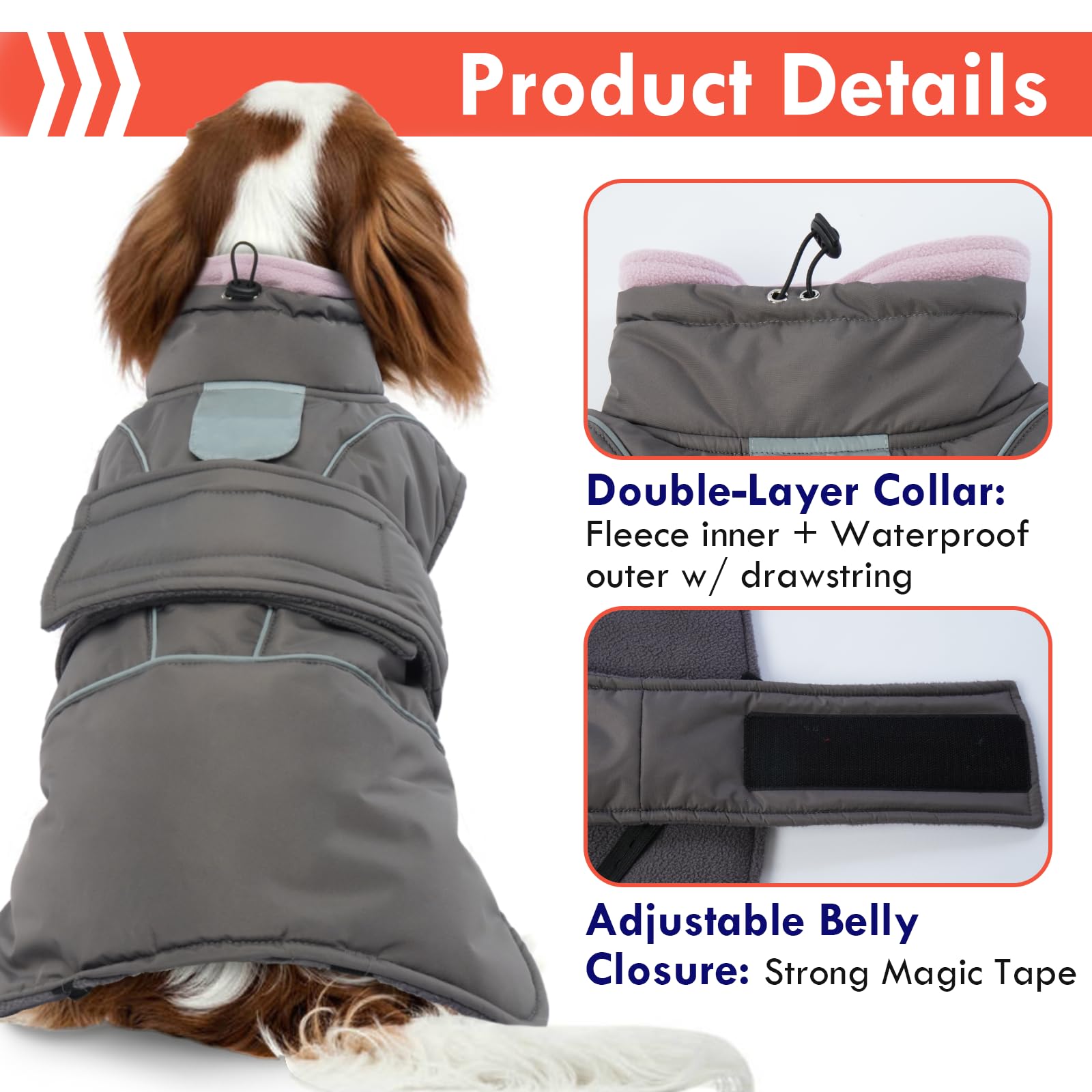 SeranPup gray dog coat velcro closure highlights quick, adjustable fit for daily wear.