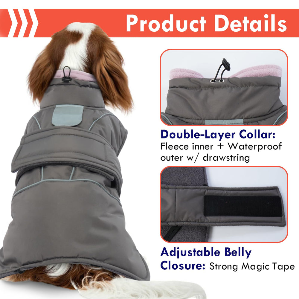 SeranPup gray dog coat velcro closure highlights quick, adjustable fit for daily wear.