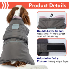 SeranPup gray dog coat velcro closure highlights quick, adjustable fit for daily wear.