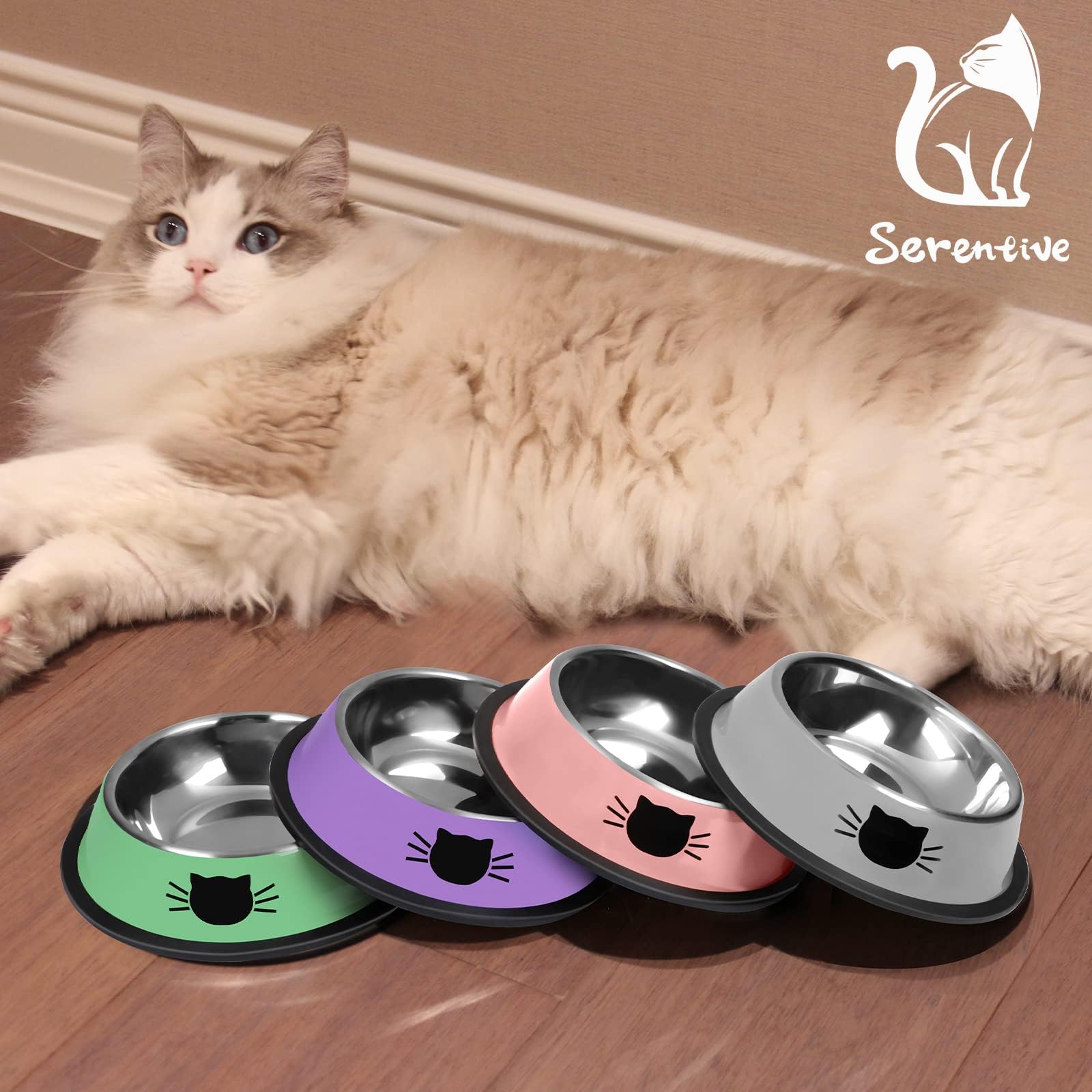 Serentive indoor-use bowls protect floors from spills and noise.
