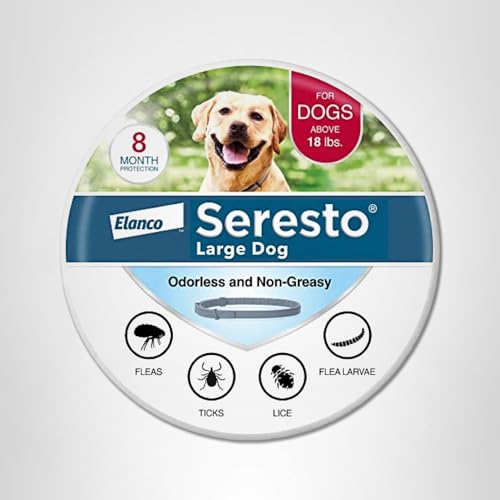 Seresto dog collar in yard scene conveys peace of mind for busy pet parents.