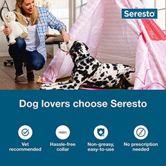 Seresto dog collar on neck demonstrates eight-month protection against fleas and ticks.