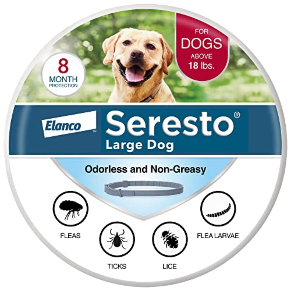 Seresto dog collar packaging image shows vet-recommended protection for fleas and ticks.