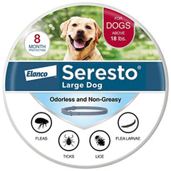 Seresto dog collar packaging image shows vet-recommended protection for fleas and ticks.