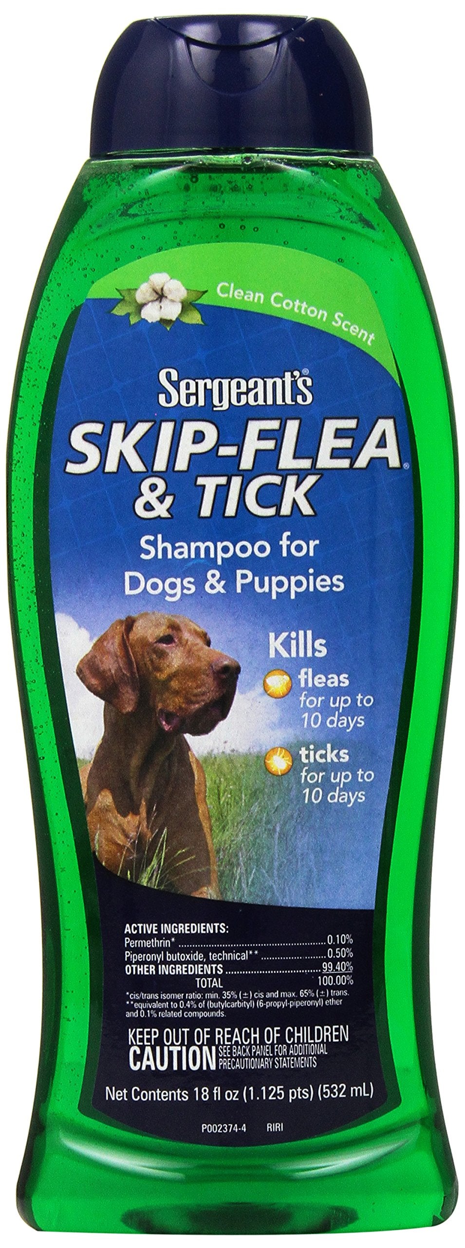 Sergeant's Skip-Flea and Tick Shampoo bottle—clean cotton scent for dogs' grooming