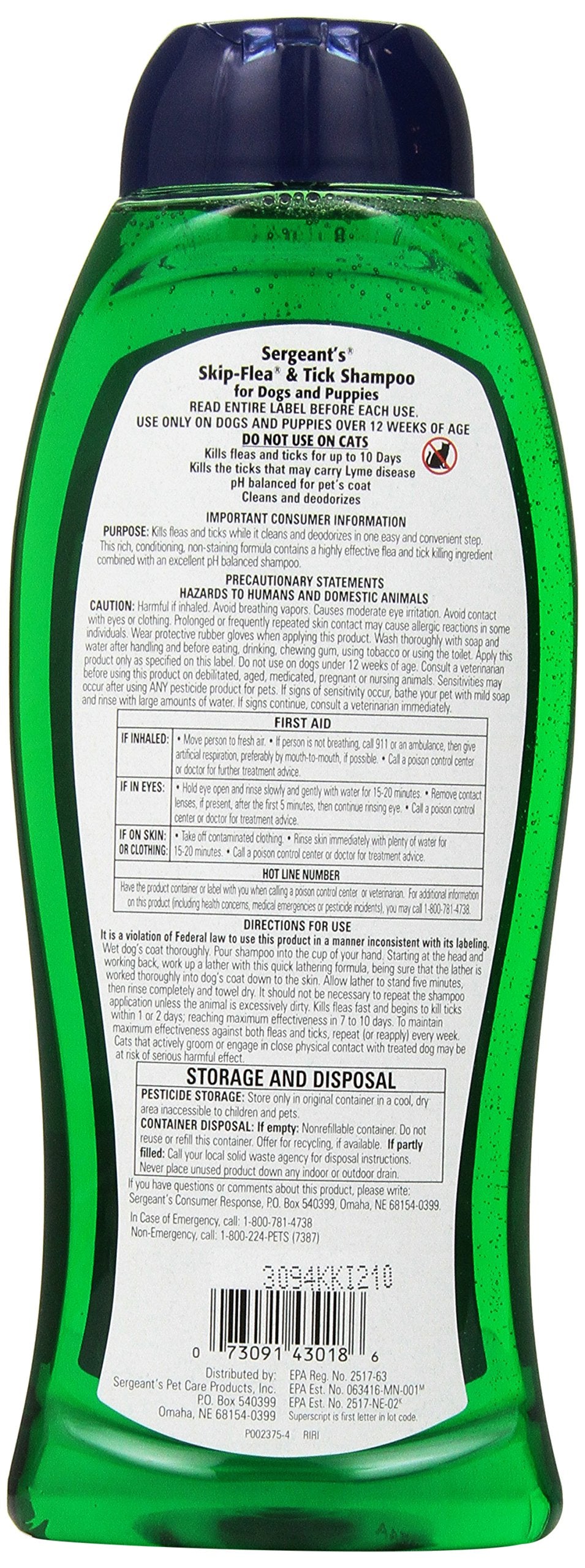 Sergeant's Skip-Flea and Tick Shampoo label close-up—grooming aid for fleas and ticks