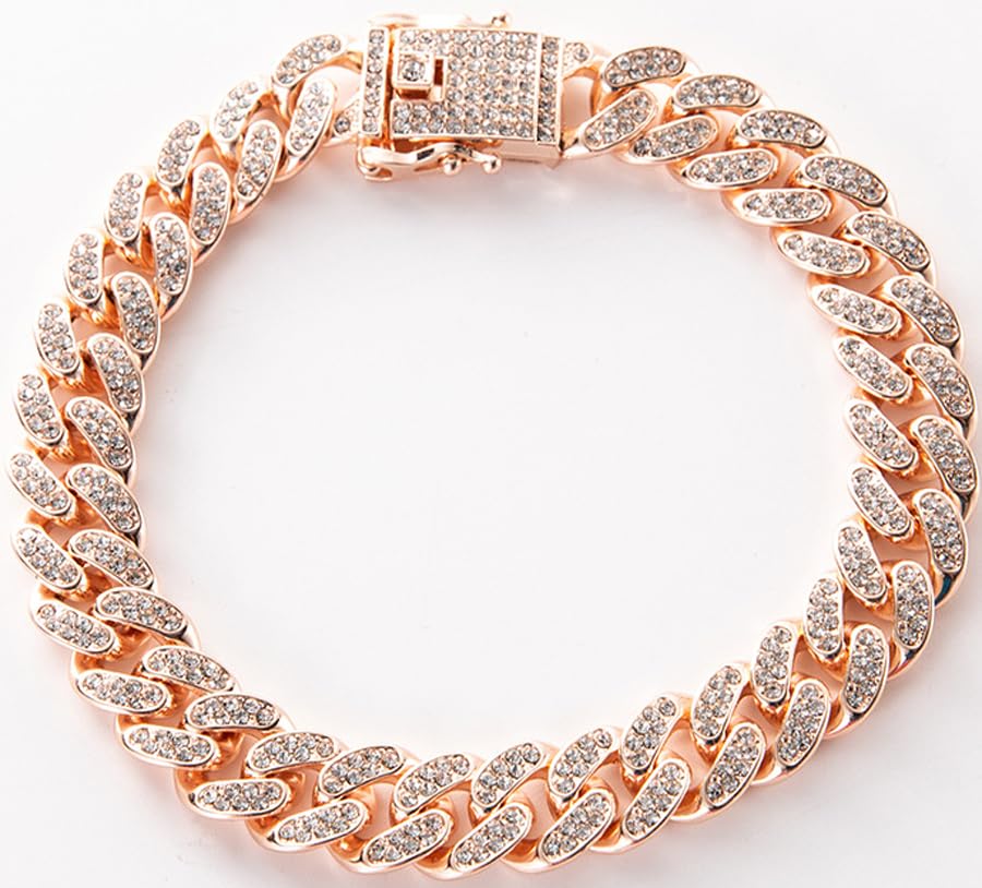 Serijoars diamond Cuban-link collar 13mm rose gold 16in on dog, eye-catching daily wear.