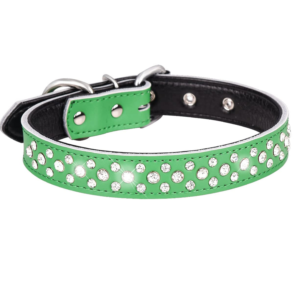 Serijoars rhinestone dog collar green top view shows sparkling crystals for everyday glamour.