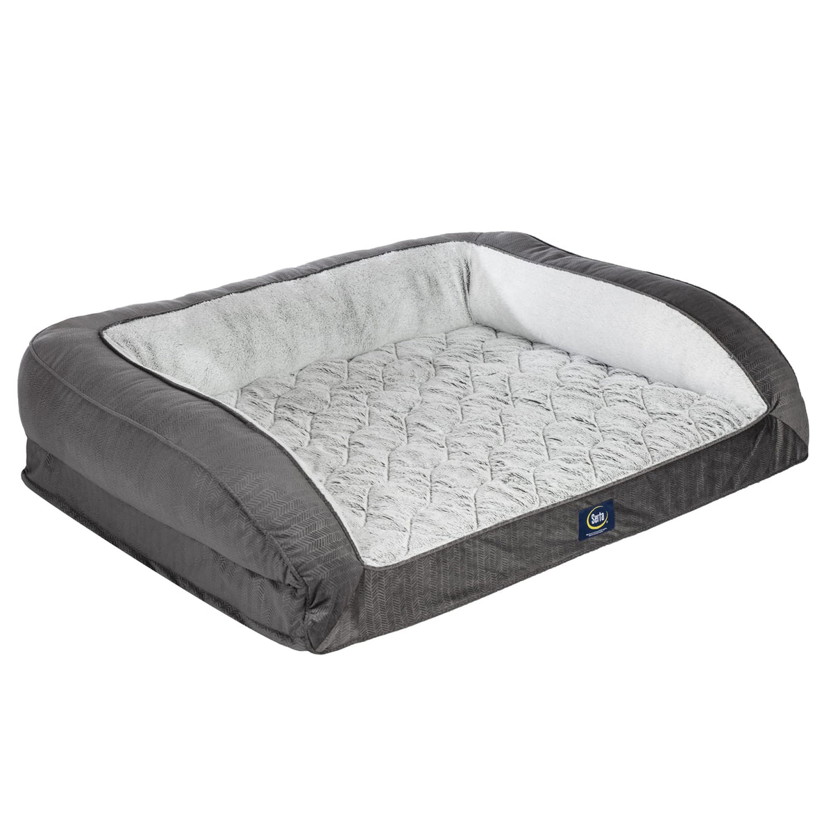 Serta Orthopedic Quilted Couch Dog Bed in slate gray front view with cozy bolster support.