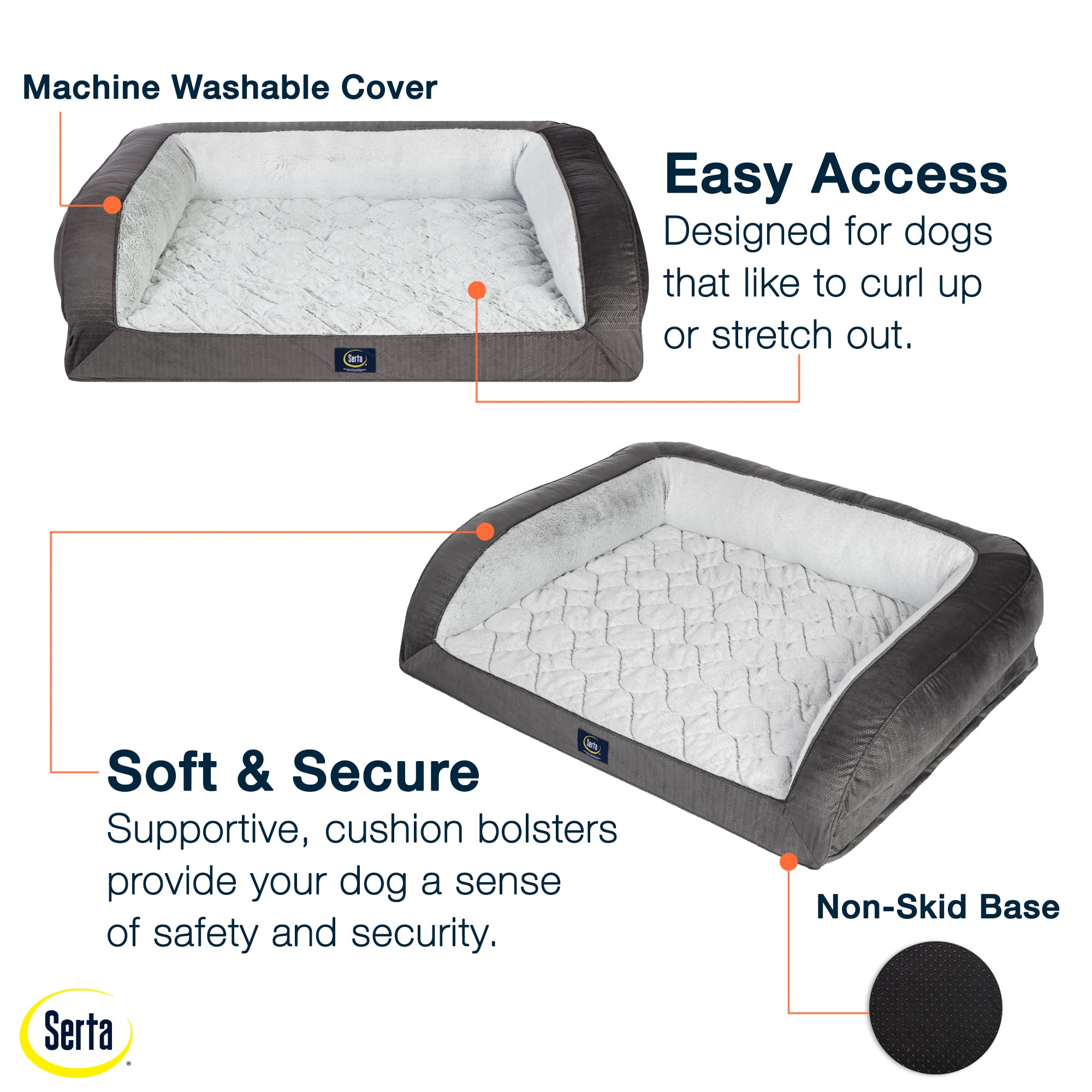 Serta Quilted Couch dog bed plush sleep surface in slate gray for cozy naps.