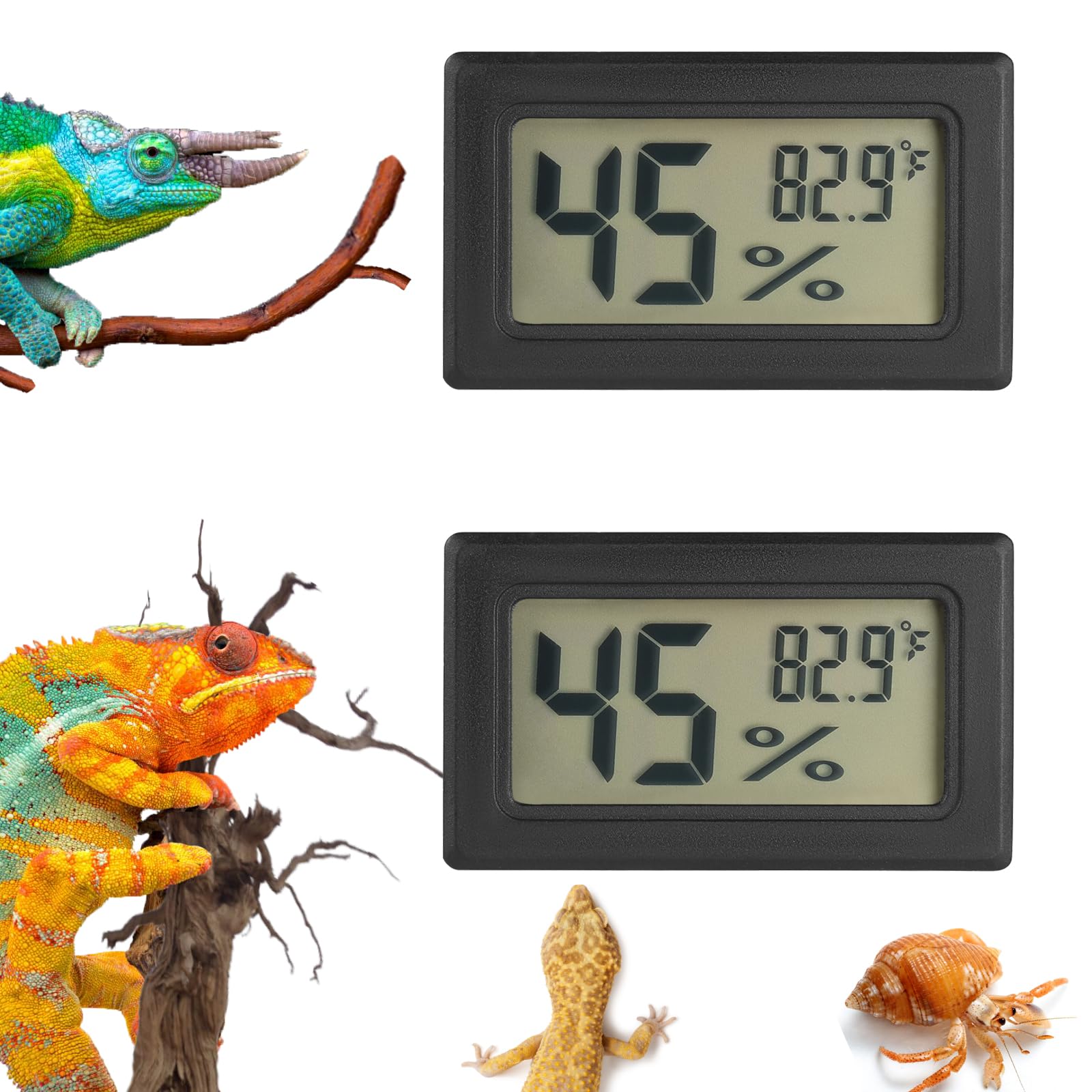 Serundo Auto reptile thermometer front view with dual readout for terrarium monitoring.