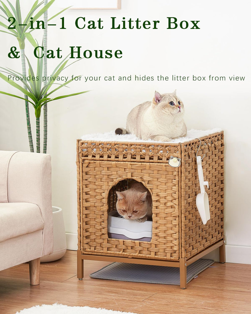 SETVSON cat-litter-box-enclosure-rattan-cover close-up showing handwoven texture and stylish room decor.