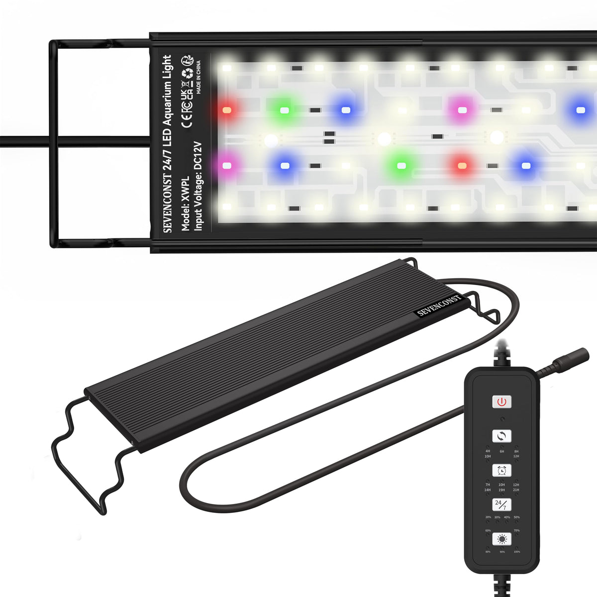 SEVENCONST 24/7 mode light front view with extendable brackets for stable 18-24 inch tanks.