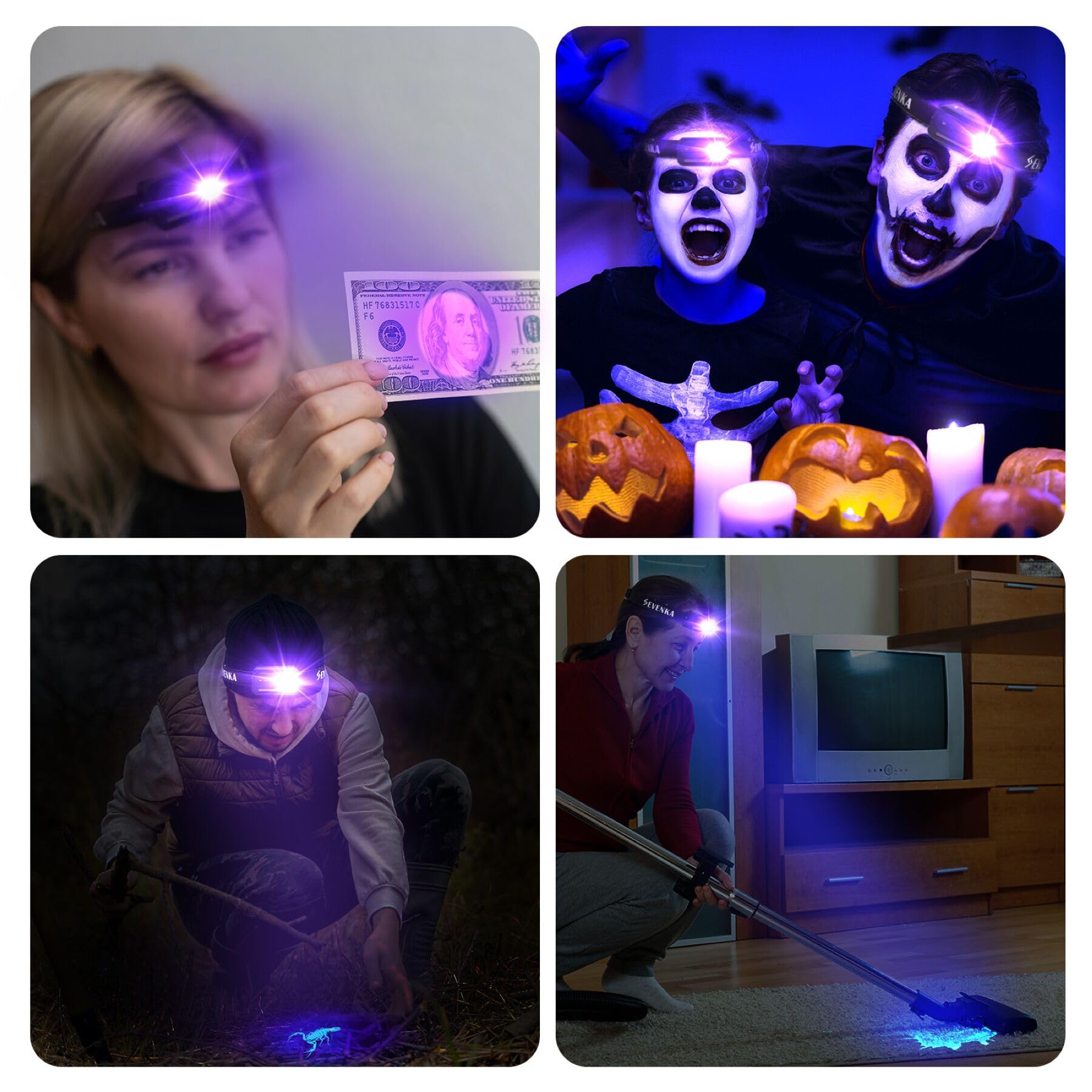 SEVENKA compact ultraviolet headlamp is lightweight and portable.