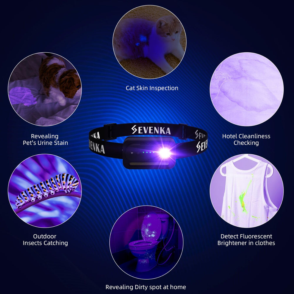 SEVENKA UV headlamp motion-sensor mode enables touchless on/off.