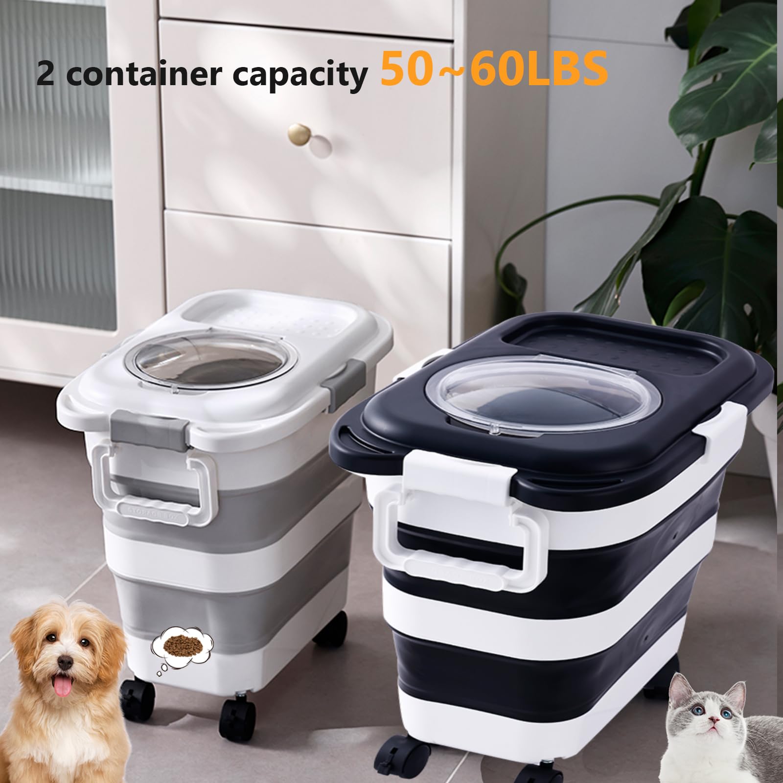 SEWIU black and white container keeps dry pet foods tidy.
