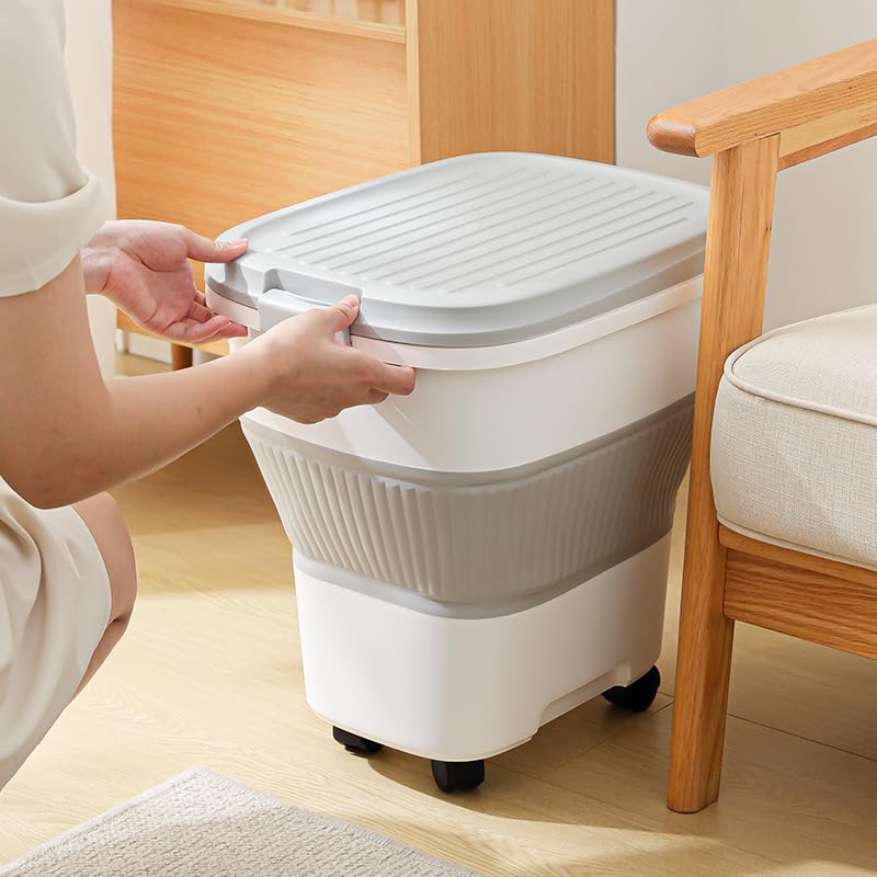 SEWIU 2x35lb capacity stores large amounts of dry pet food securely.