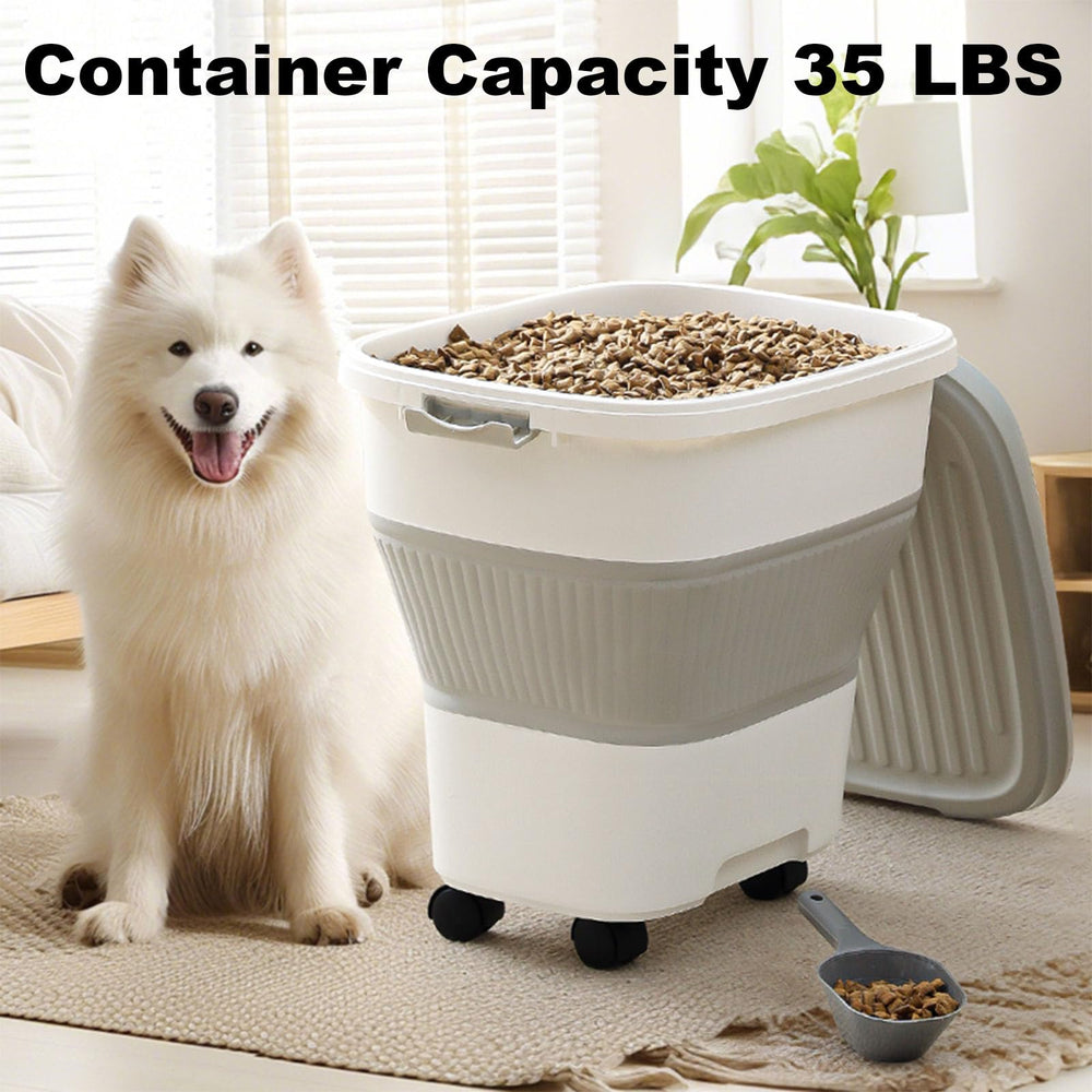 SEWIU keeps dry pet food organized on kitchen shelves for easy access.