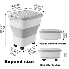 SEWIU dog food storage container with wheels for easy mobility.