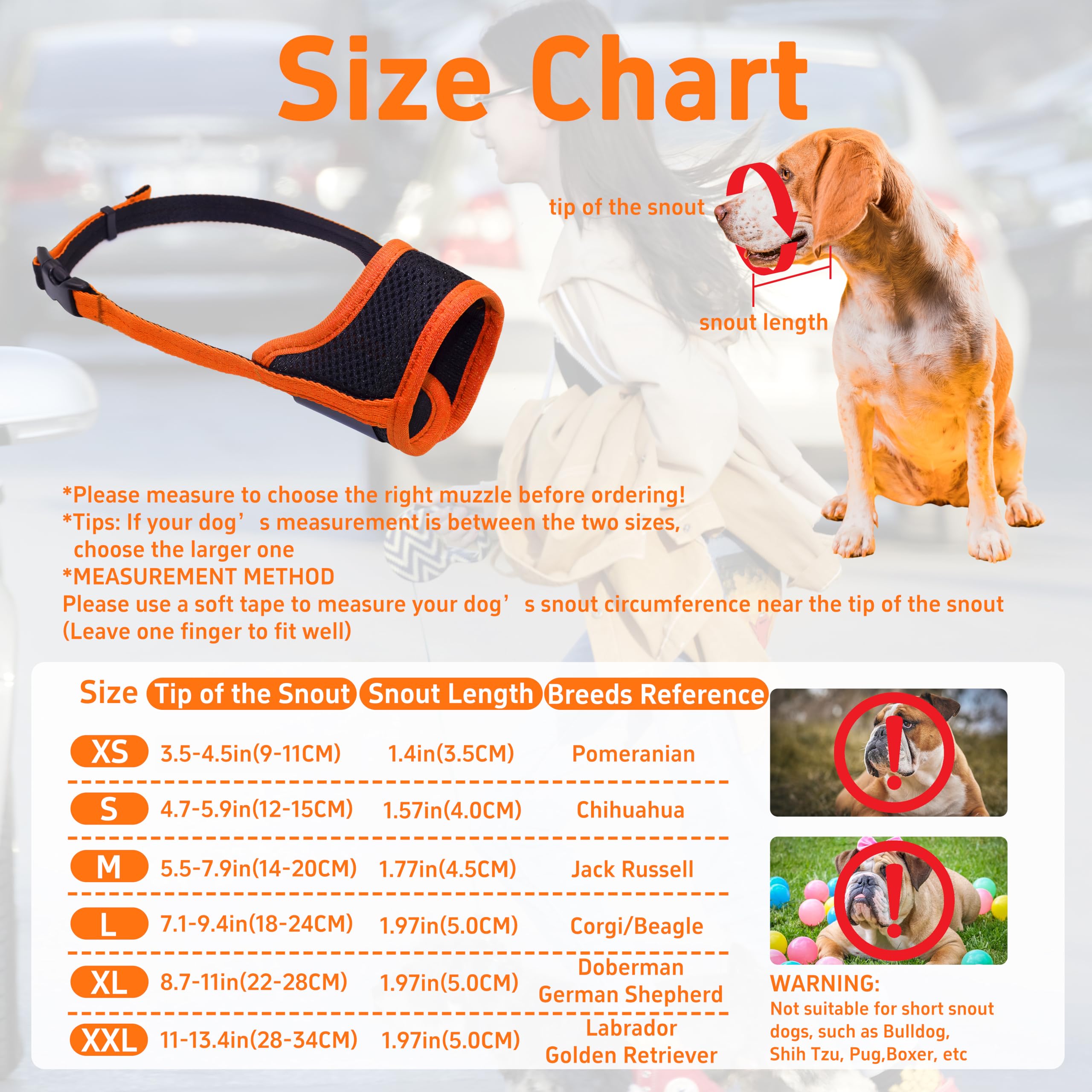 Seyezo adjustable buckle muzzle orange shows secure fit for quick leash walks.