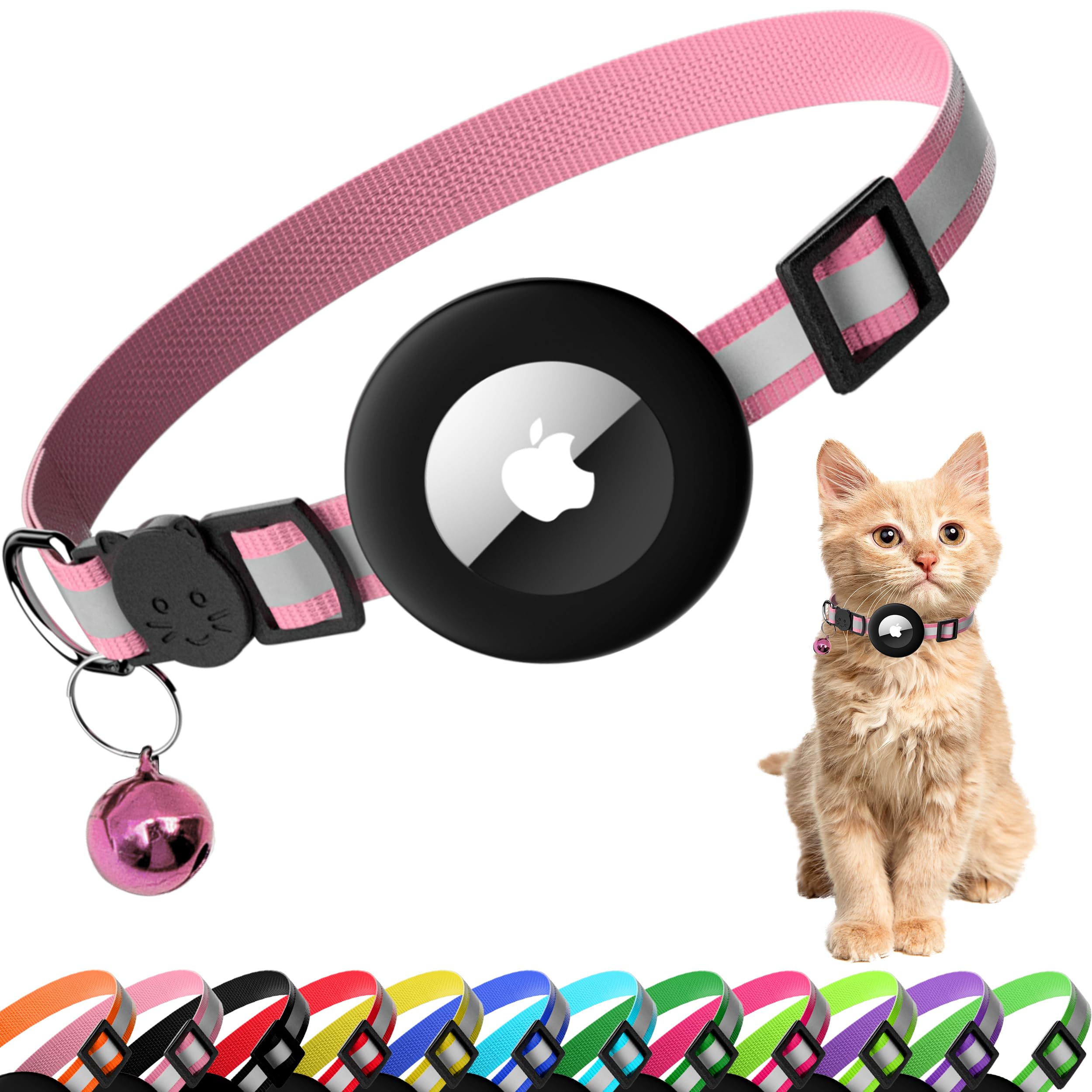 Seyezo cat collar with AirTag holder in pink front view for easy tracking.
