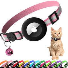 Seyezo cat collar with AirTag holder in pink front view for easy tracking.