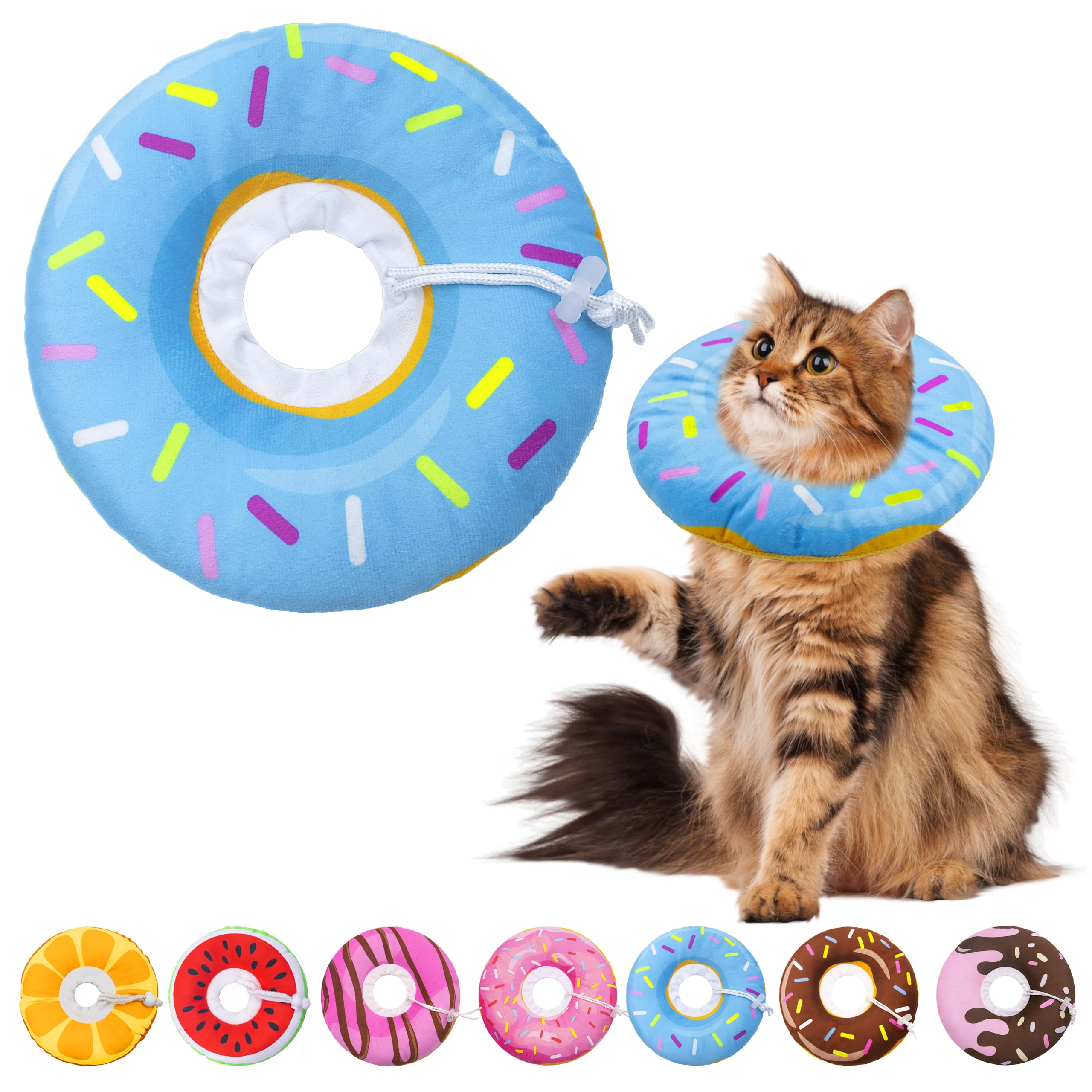 Seyezo cat cone soft collar blue front view, helps prevent licking during recovery.