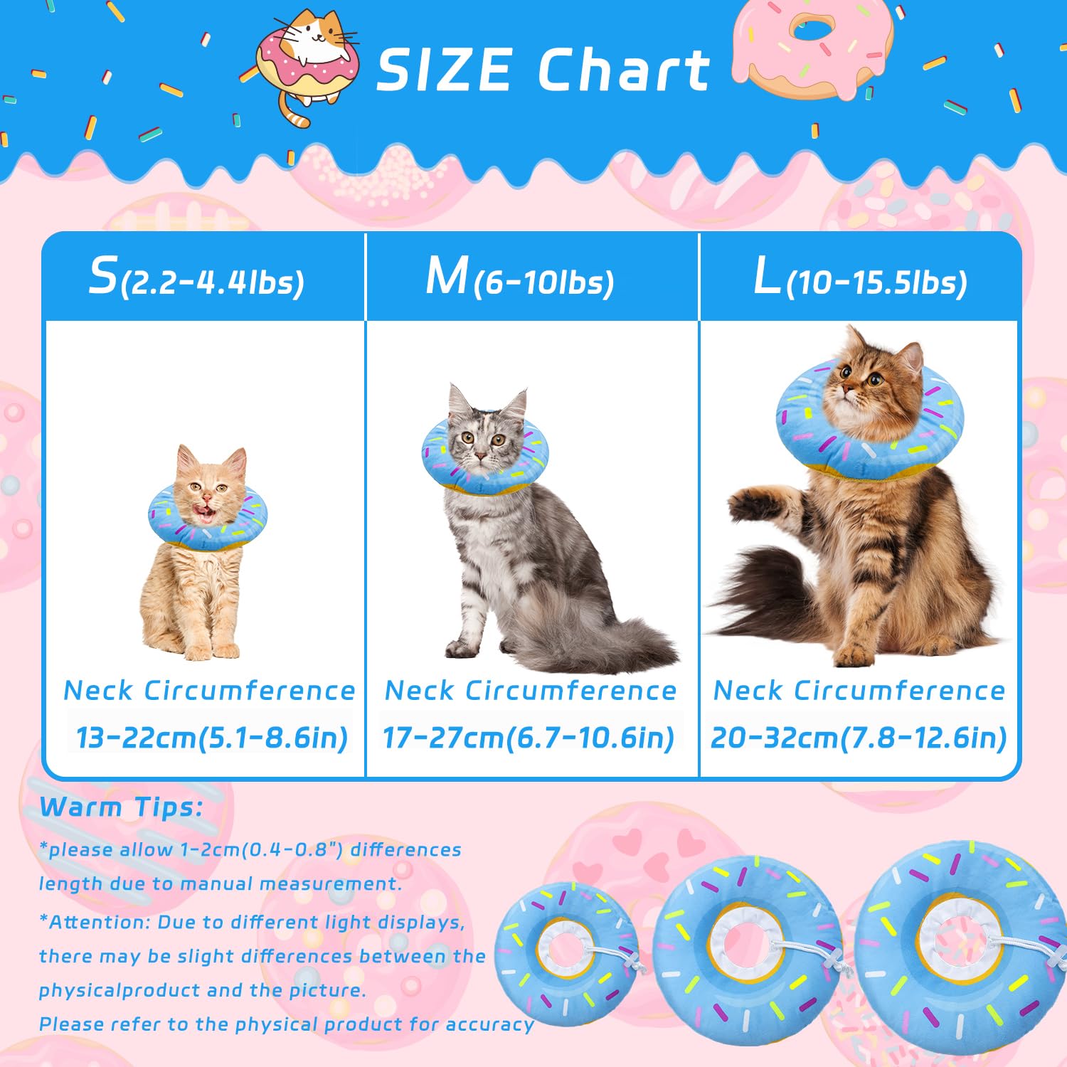 Seyezo cat cone blue donut side view, prevents licking during recovery.