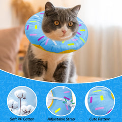 Seyezo blue donut collar on kitty, adjustable neck for proper fit.
