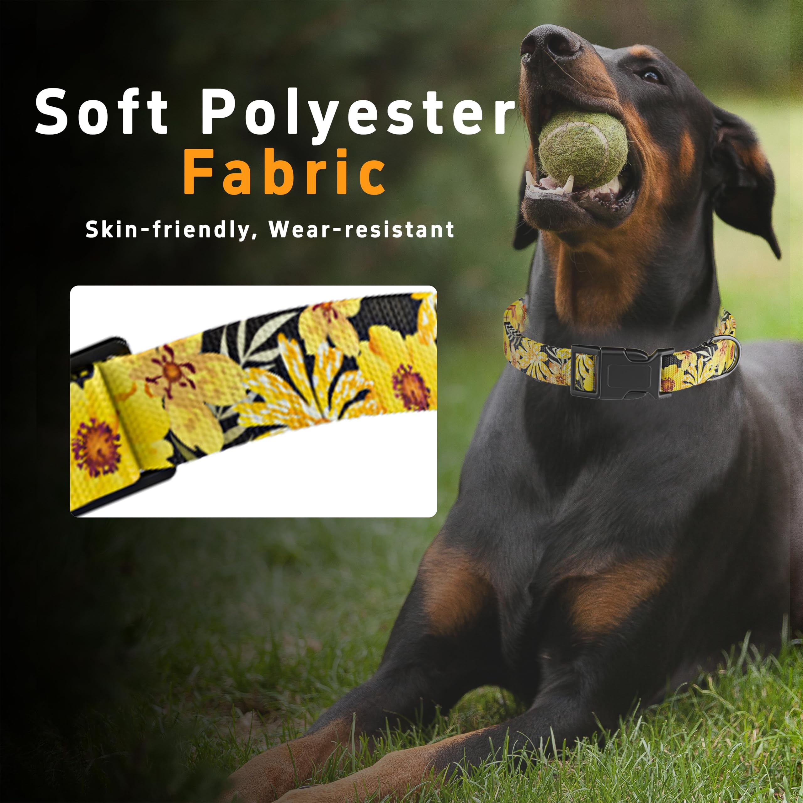 Seyezo closeup of stitching on yellow floral collar highlighting durability.