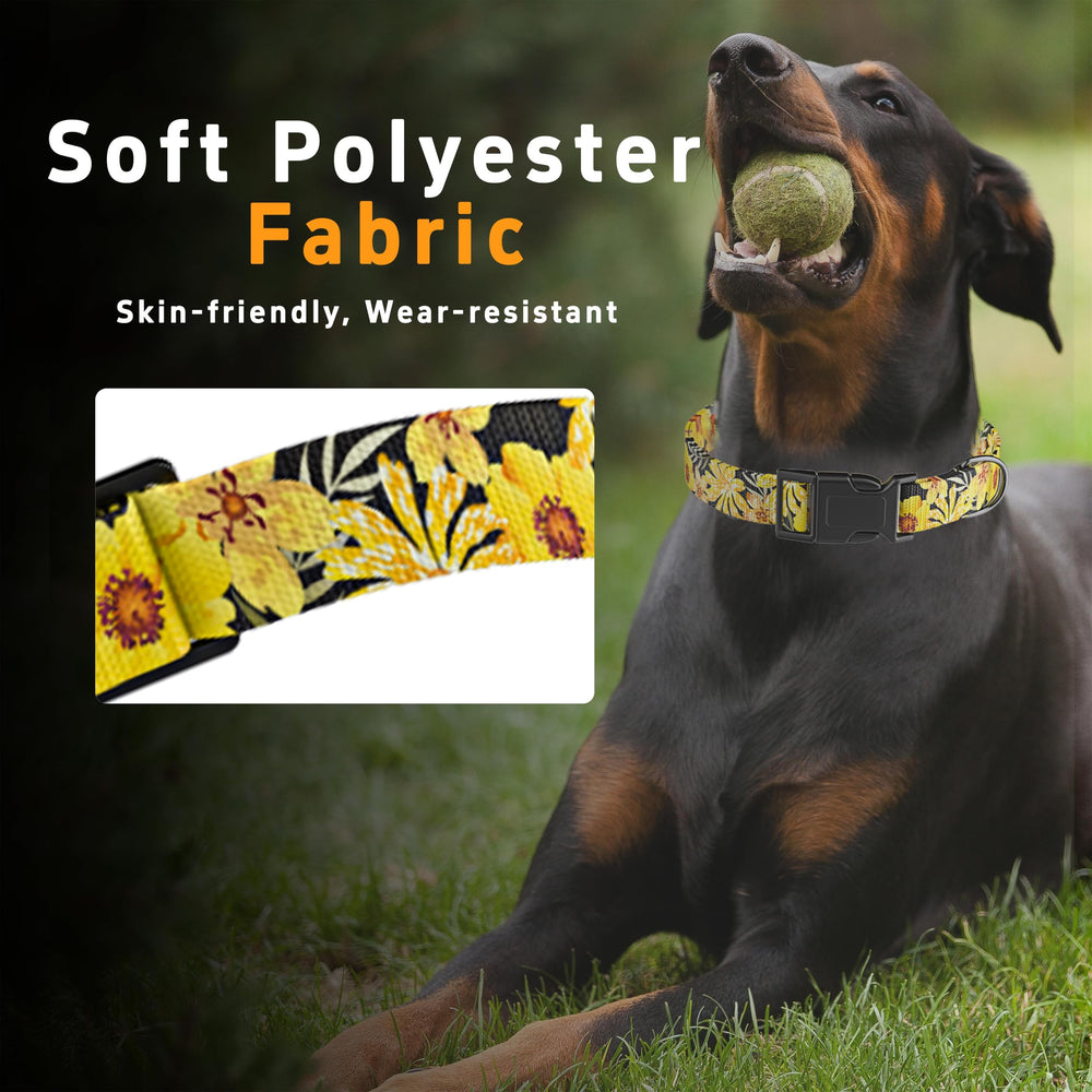 Seyezo closeup of stitching on yellow floral collar highlighting durability.