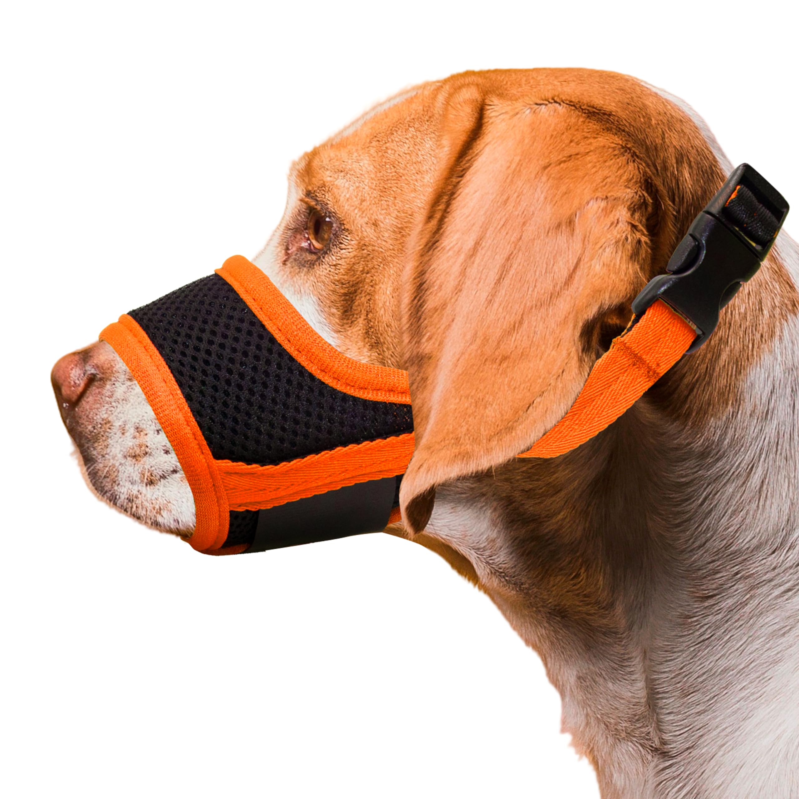 Seyezo soft breathable muzzle orange XL side view for comfortable outdoor walks.