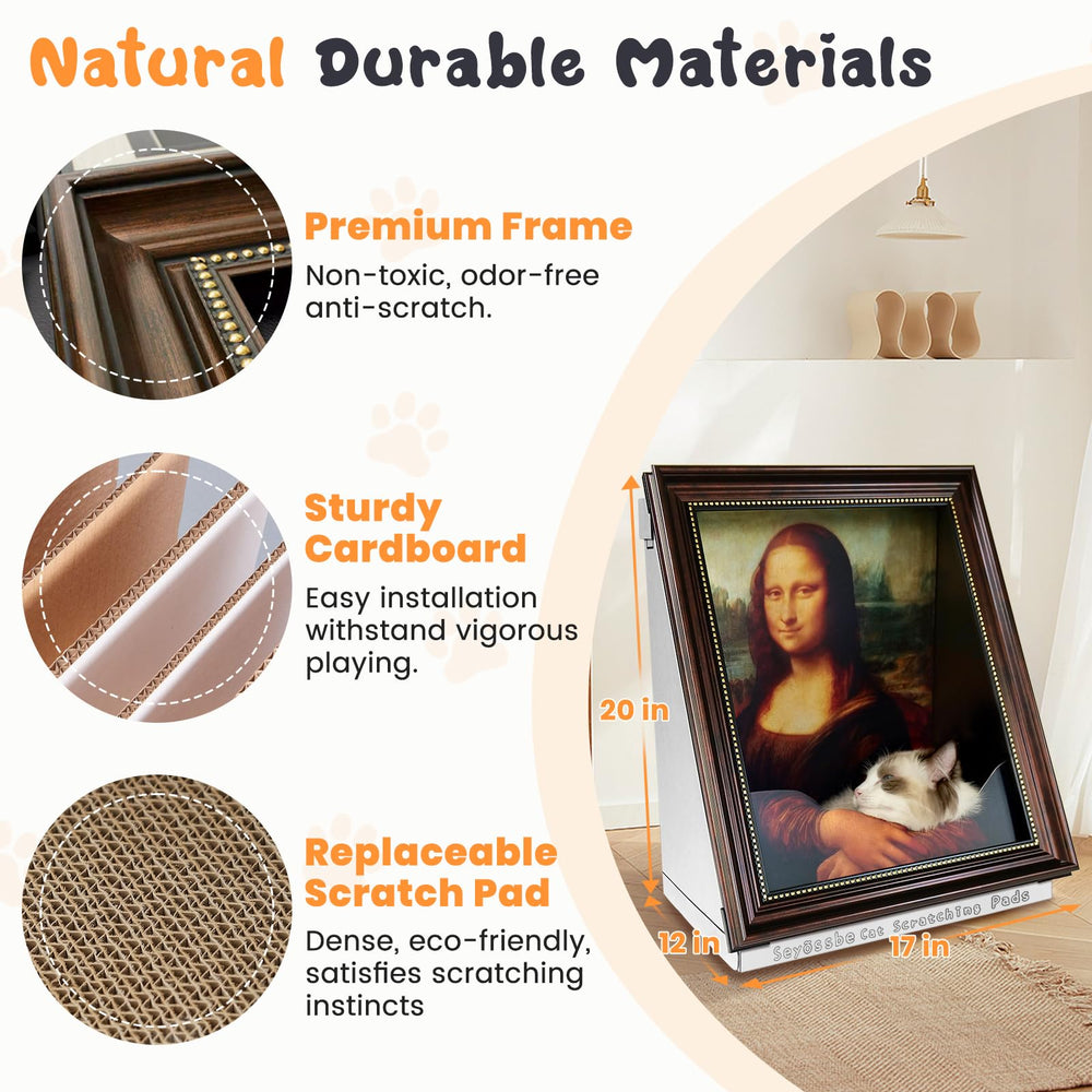 Seyõssbe Mona Lisa cat scratcher board—durable cardboard against claws while blending with decor.