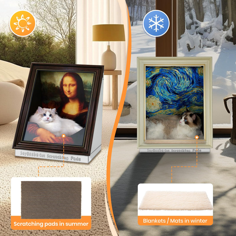 Seyõssbe Mona Lisa durable materials—eco-friendly cardboard and wooden frame endure playful scratching.