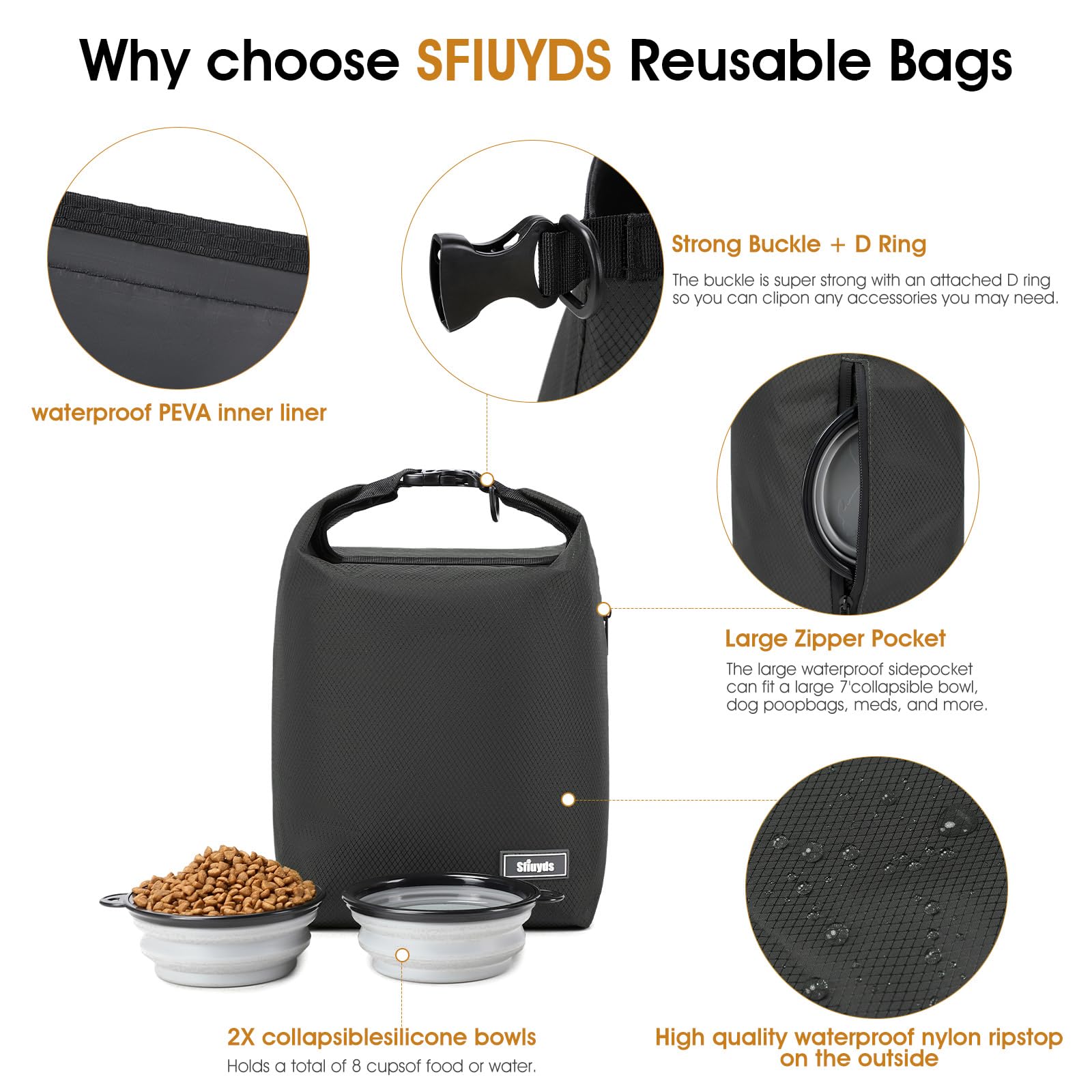 SFIUYDS dog food travel bag waterproof exterior protects kibble from moisture.