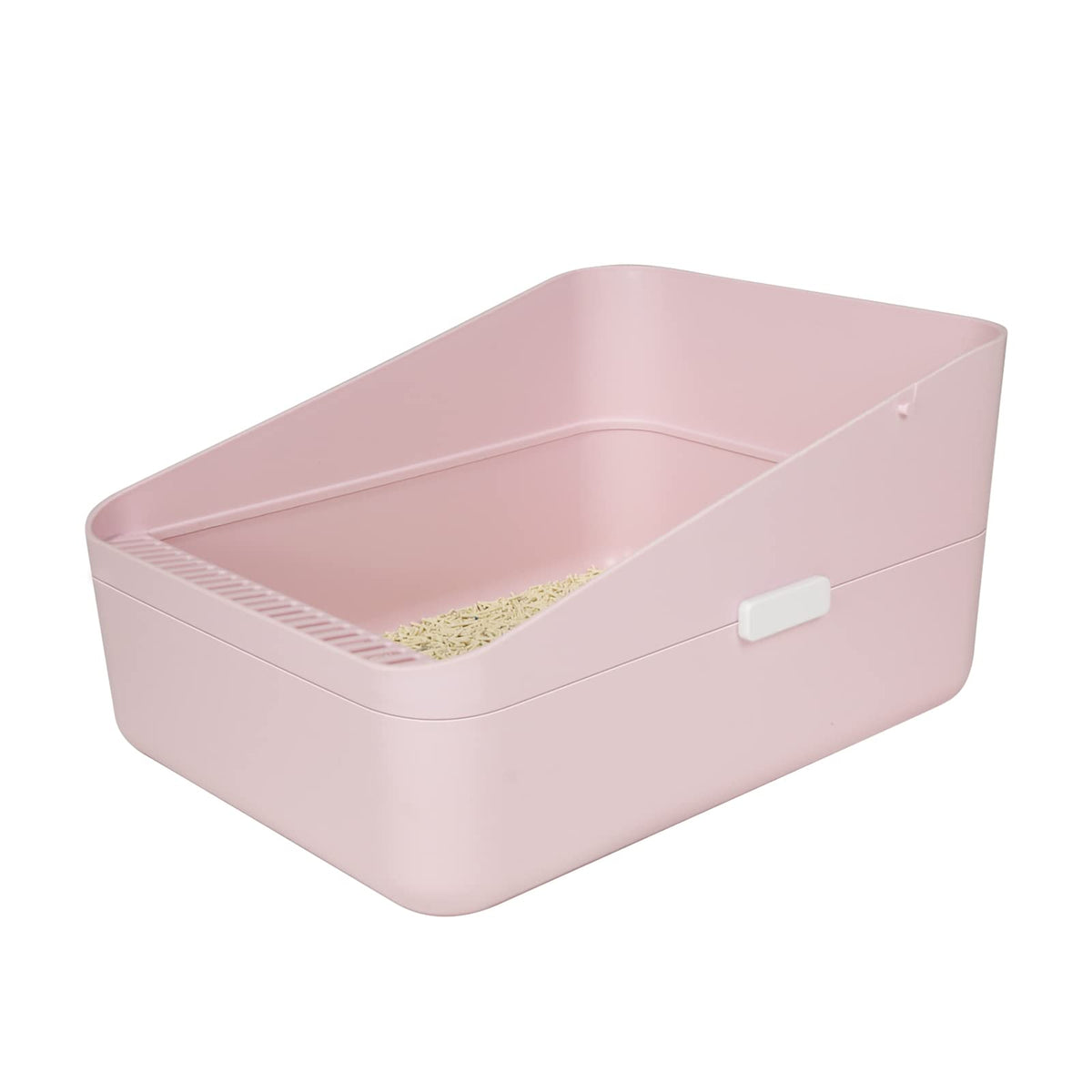 Sfozstra open high-sided pink litter box front view reduces spill.