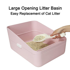 Sfozstra open high-sided pink litter box side panel shows anti-scatter design keeps floors cleaner.
