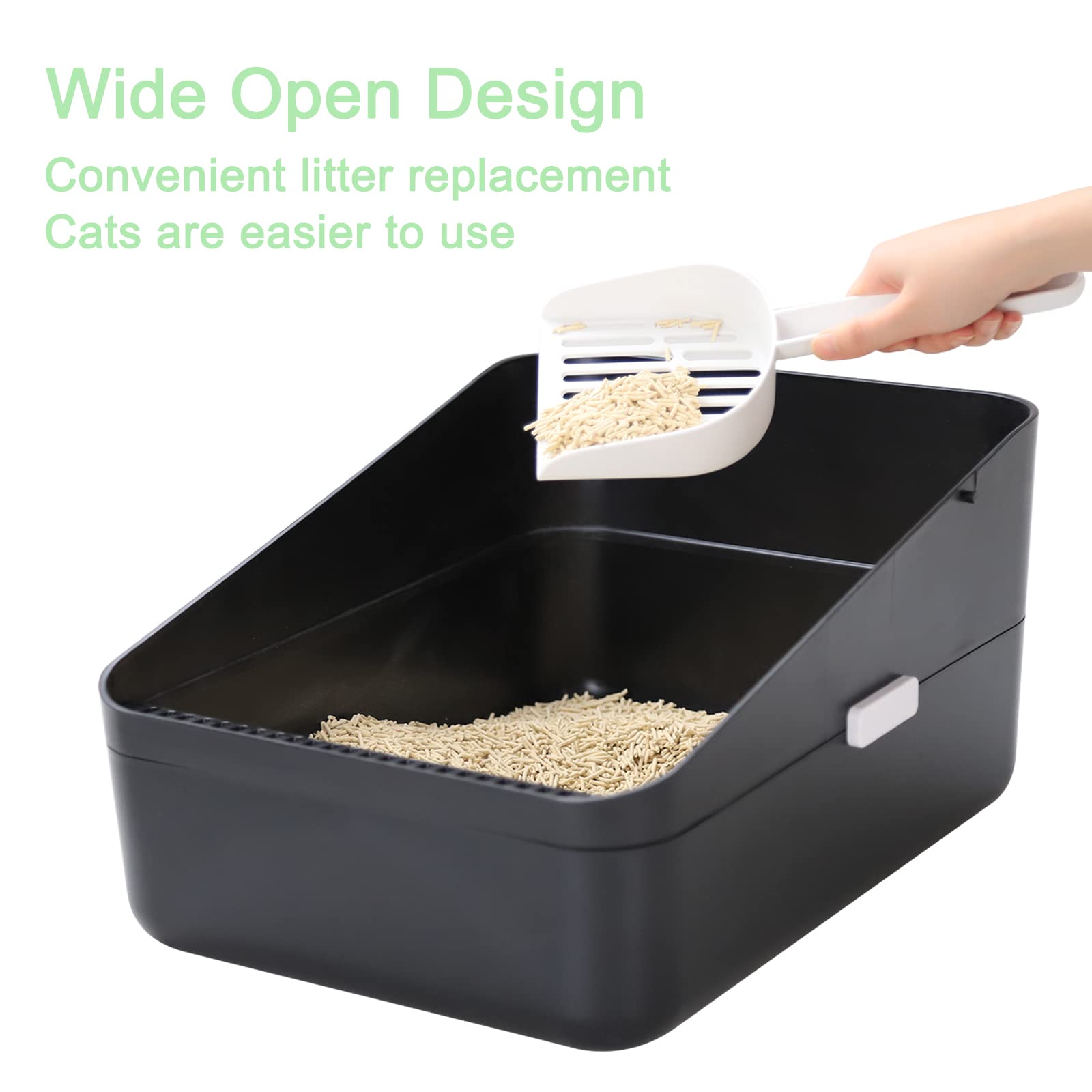 Sfozstra open-top litter box high-sides view demonstrates containment of litter.