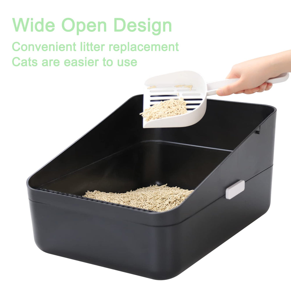 Sfozstra open-top litter box high-sides view demonstrates containment of litter.