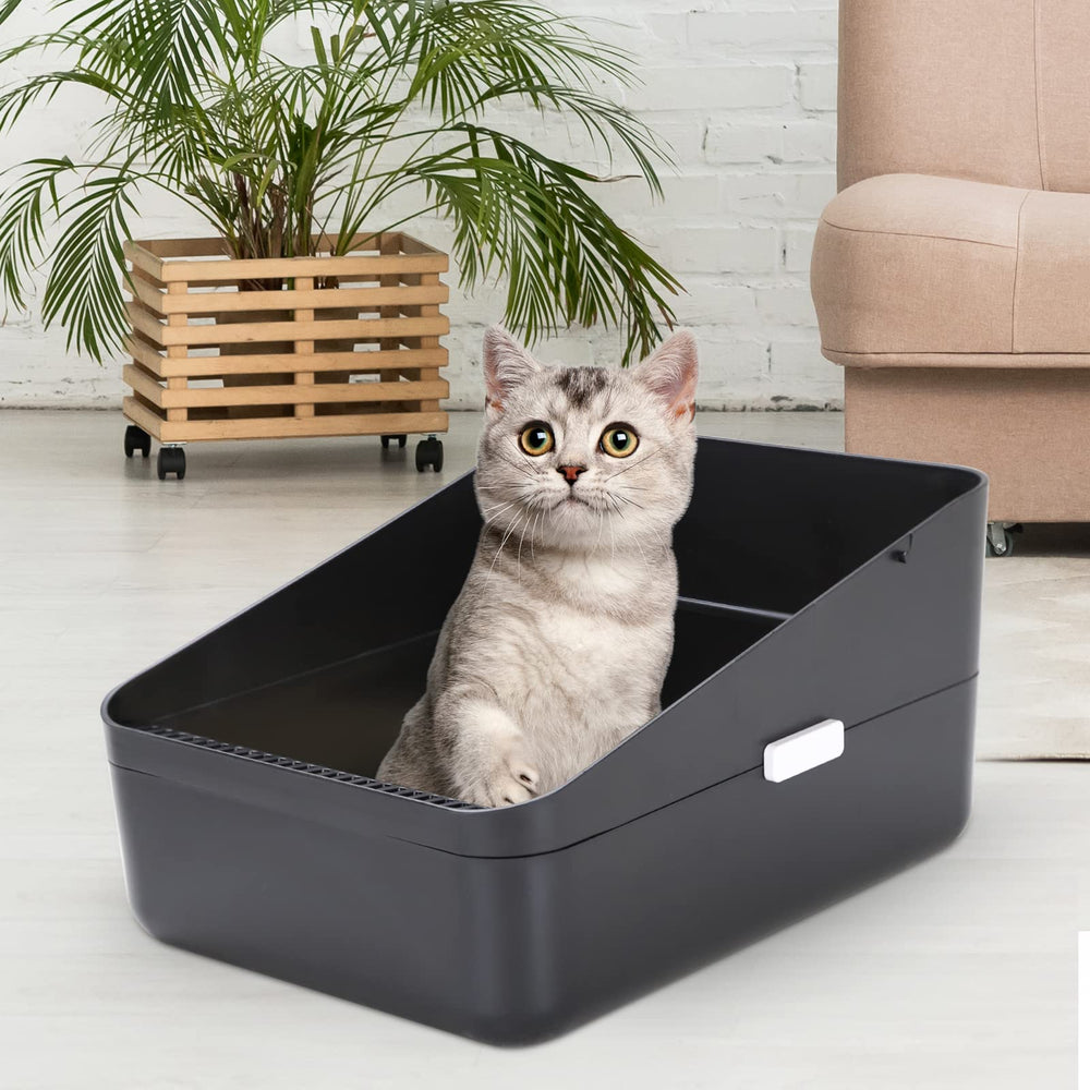 Sfozstra open-top litter box in use by a cat at home, convenient.