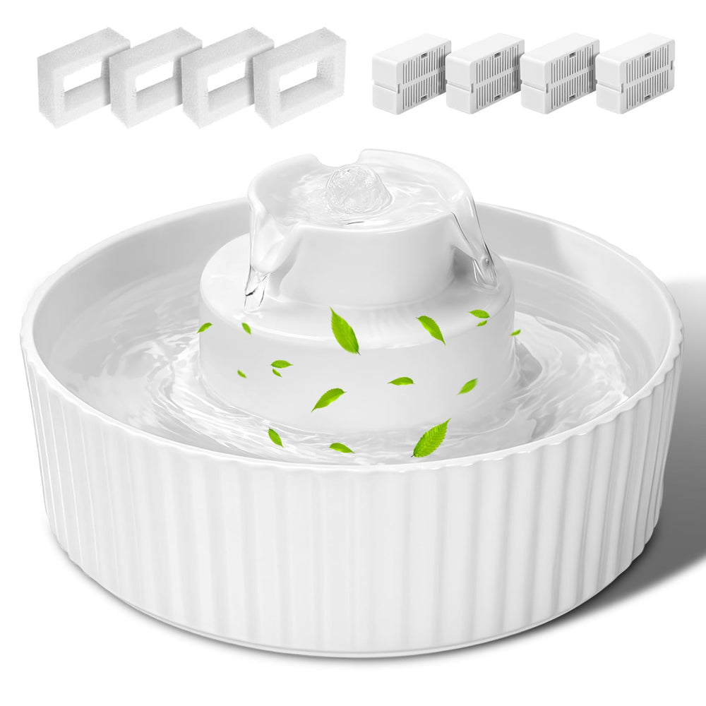 SgurFin ceramic cat fountain front view shows easy-clean porcelain surface for pet hygiene.