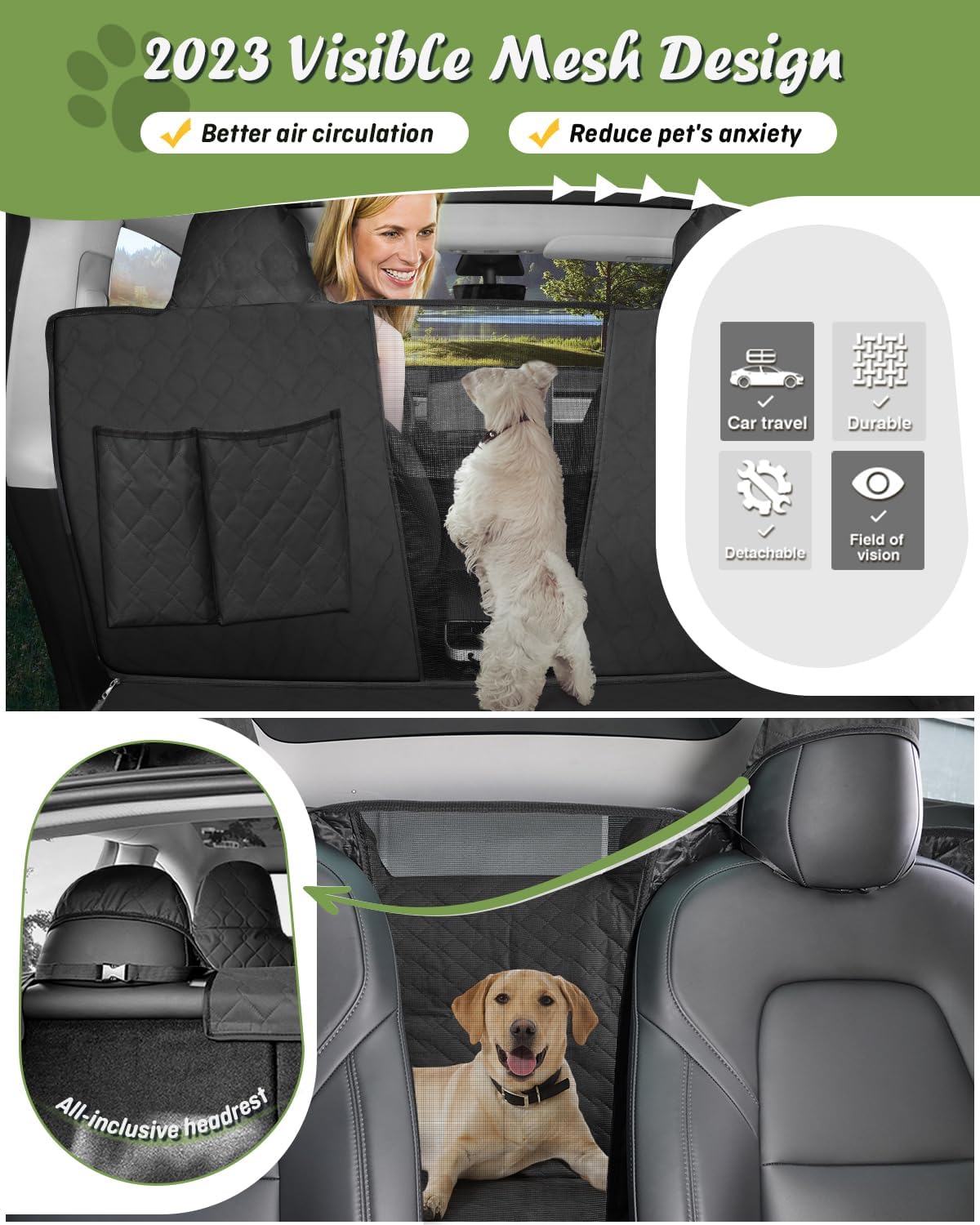 Shademax dog seat cover mesh window improves airflow and reduces anxiety during rides.