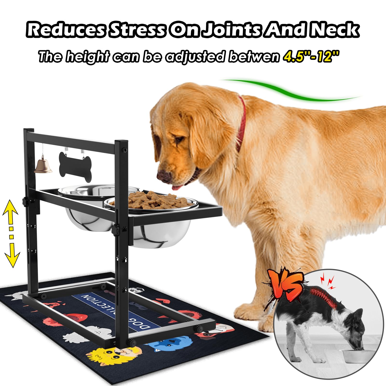 SHAINFUN adjustable-height feature accommodates growing dogs for relaxed mealtimes