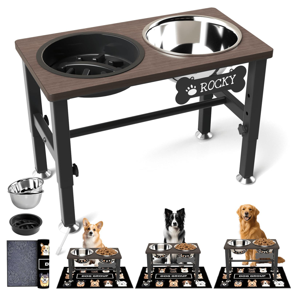 SHAINFUN elevated dog bowls assembled view with stable stand for comfortable eating.