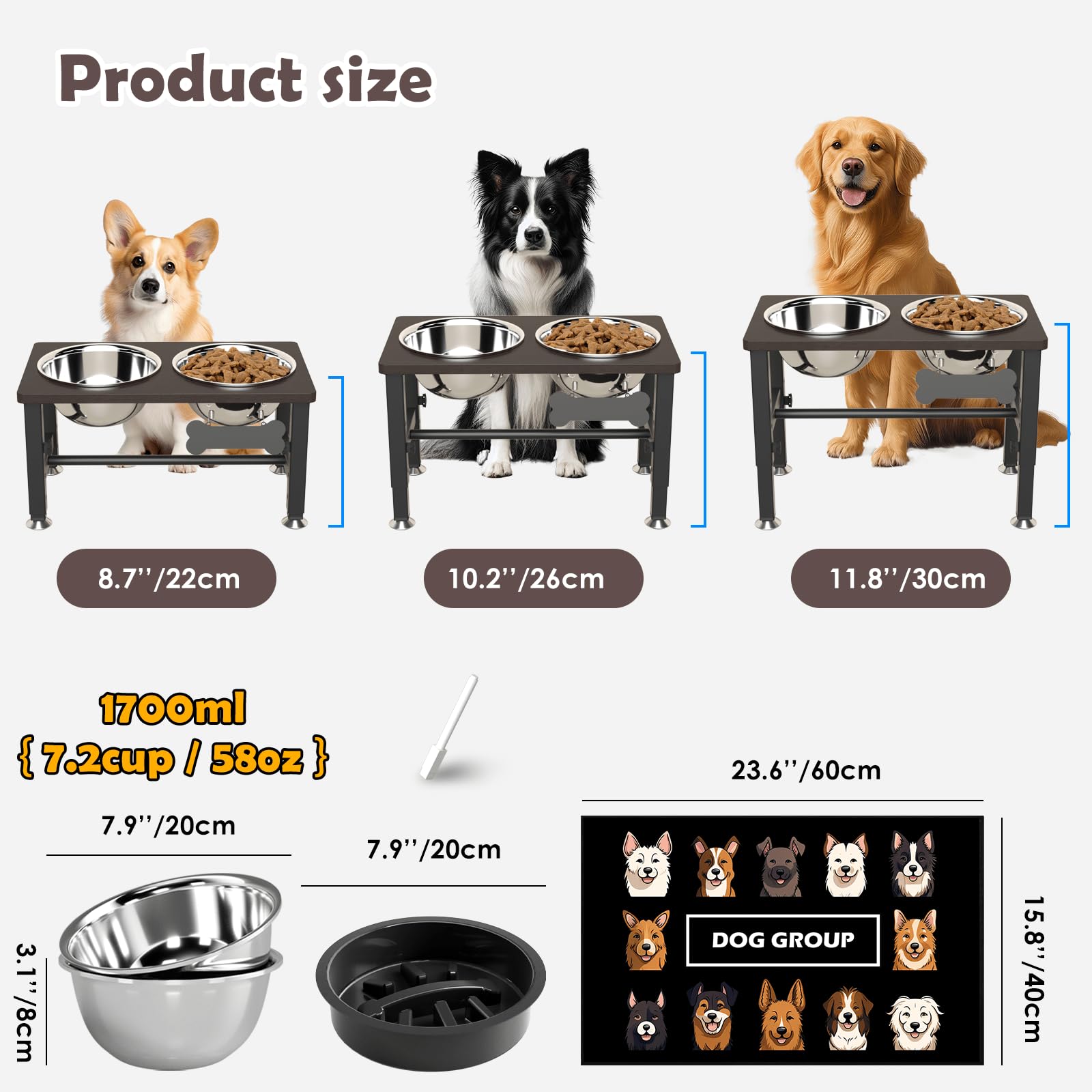 SHAINFUN two stainless steel 58oz bowls for ample meals and water.