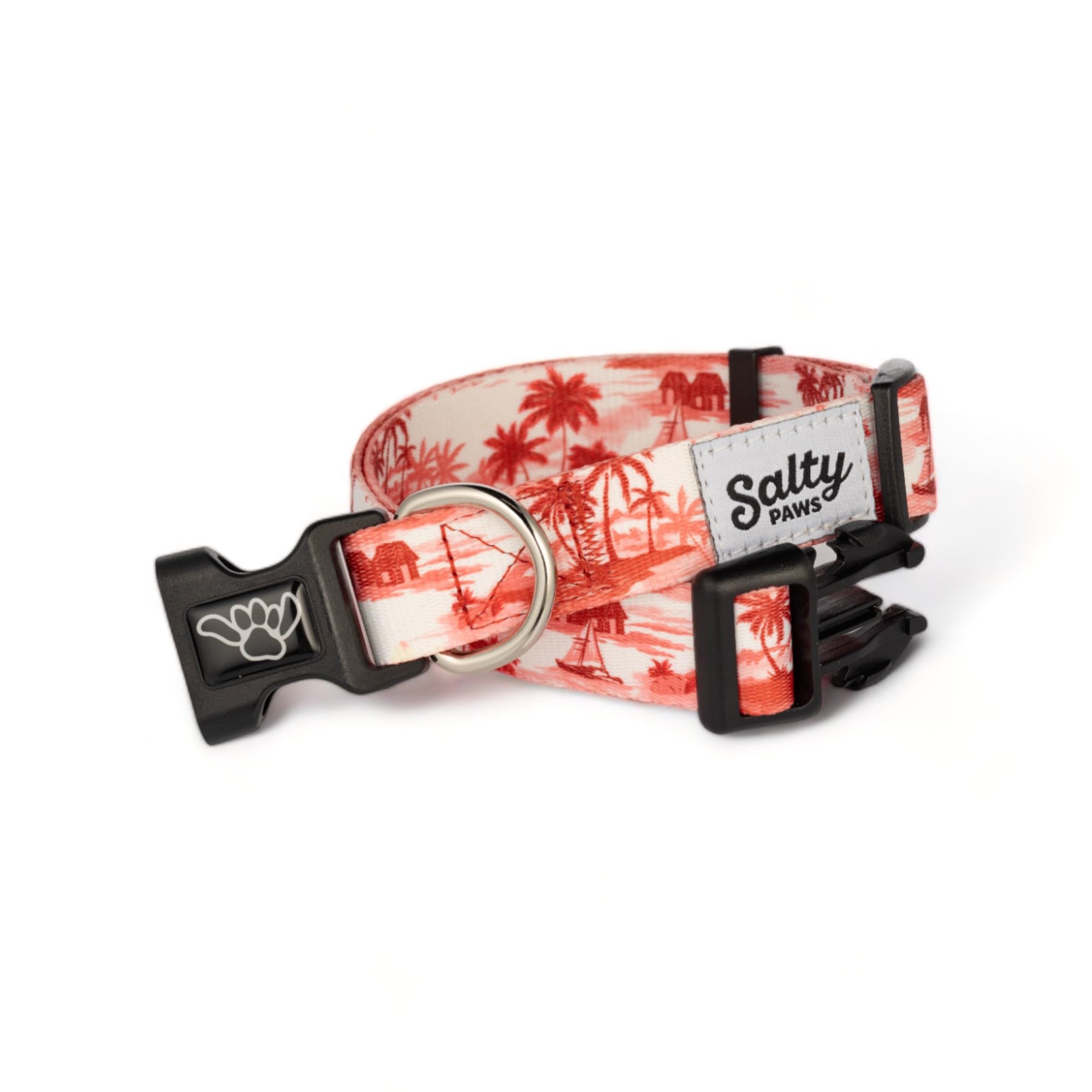Shaka's Salty Paws dog collar red floral pattern close up fade resistant colors
