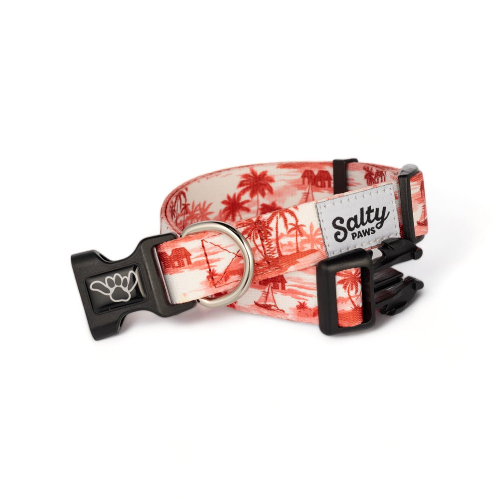 Shaka's Salty Paws dog collar red floral pattern close up fade resistant colors