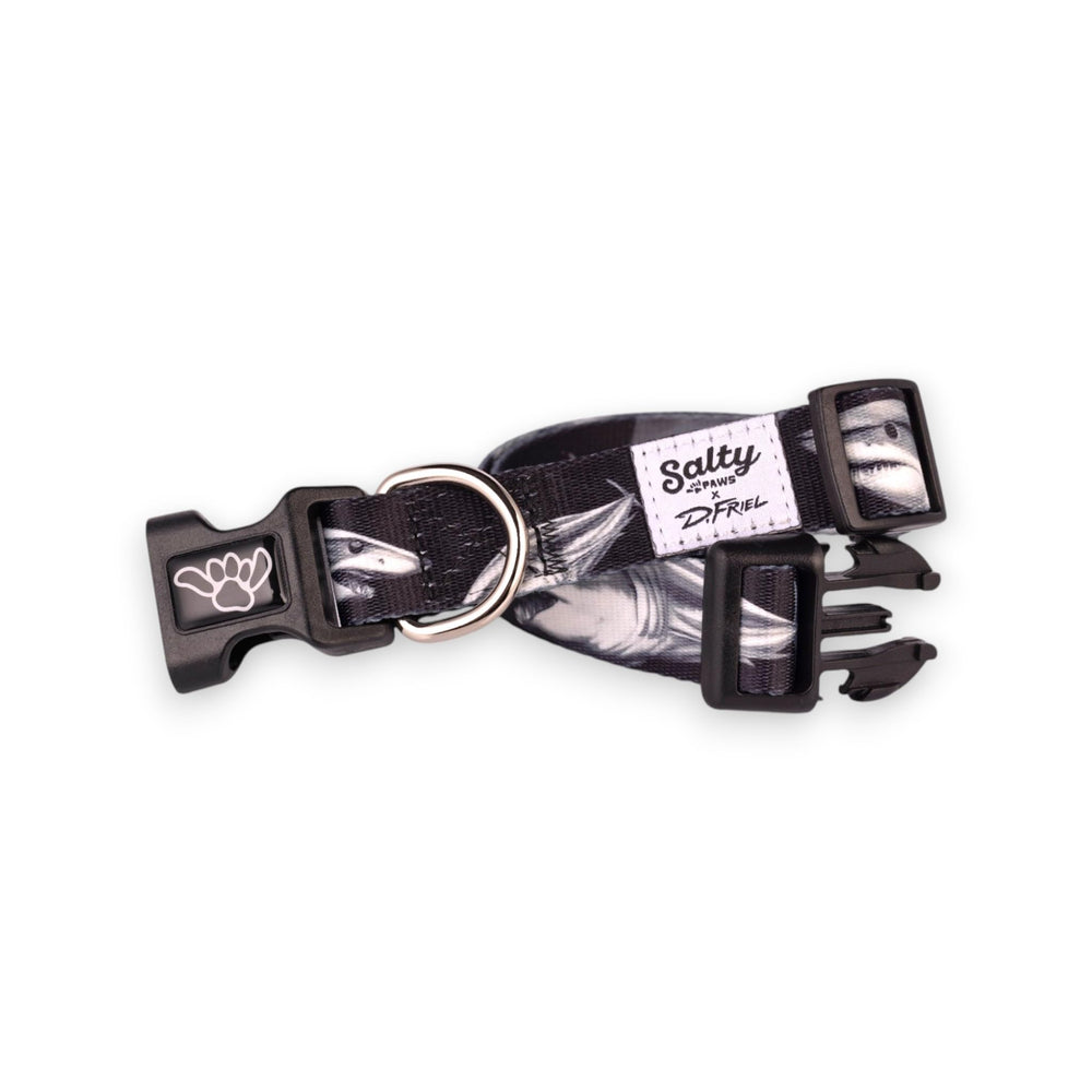 Shaka's Salty Paws mako-shark-m collar with bold marine motif