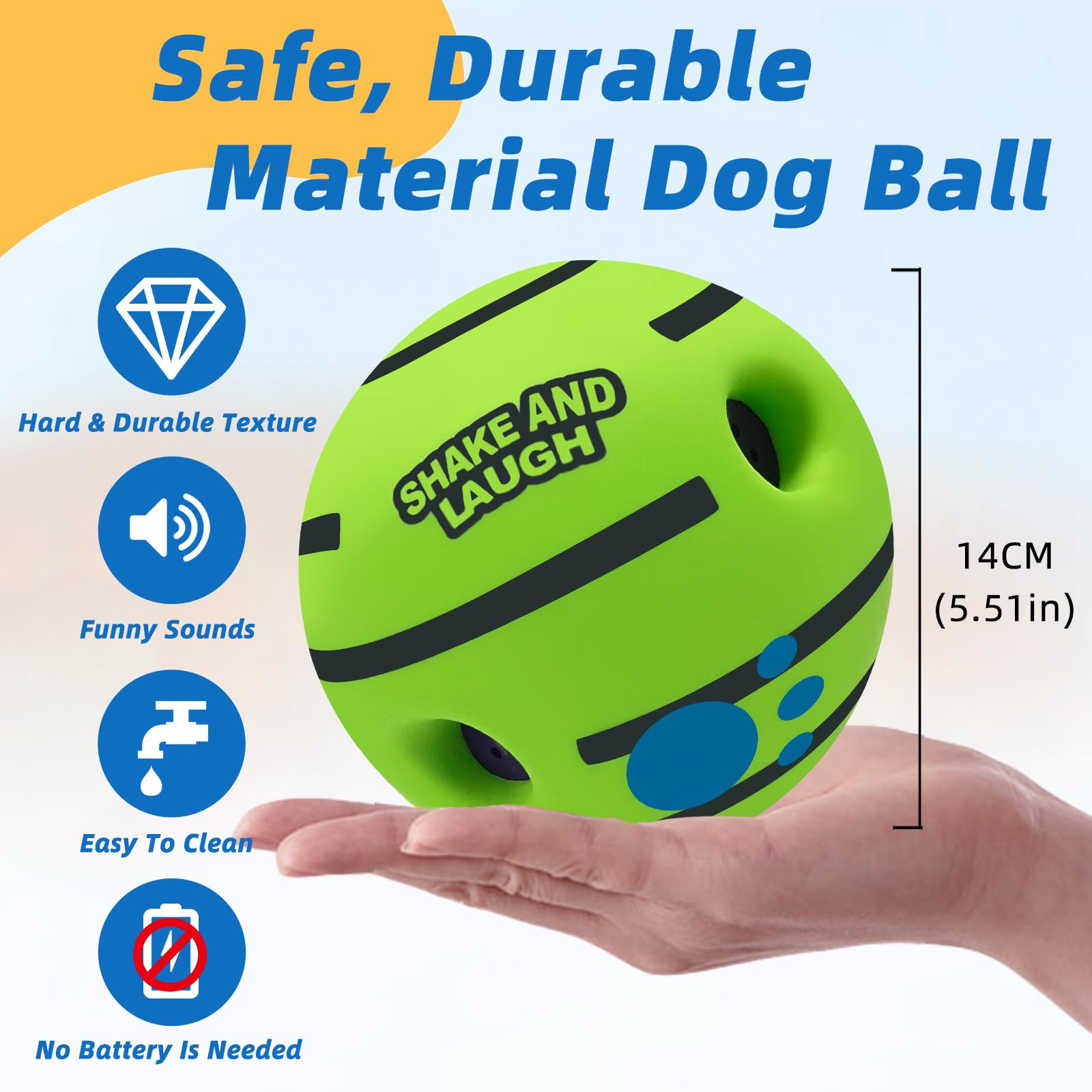SHAKE AND LAUGH dog ball depressed surface closeup shows easy pickup by dogs.