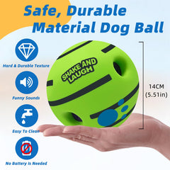 SHAKE AND LAUGH dog ball depressed surface closeup shows easy pickup by dogs.